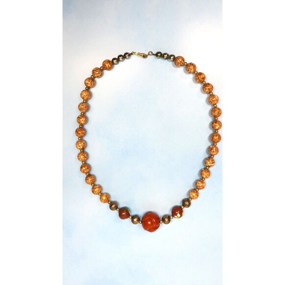 Vintage Cloisonne Agate Necklace 18 inch Carved Focal Gold Tone - Picture 5 of 8